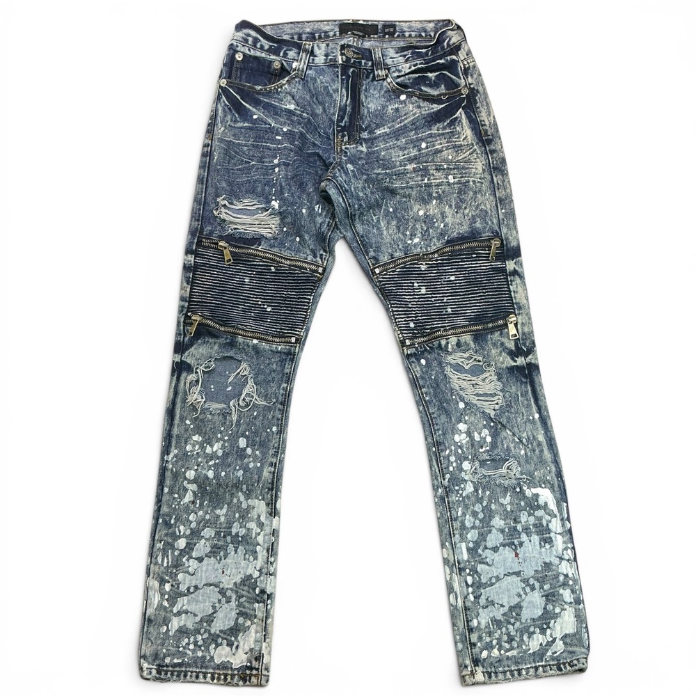 Decibel Blue Acid Wash Biker Jeans Mens 32x32 Distressed Paint Splatter Moto